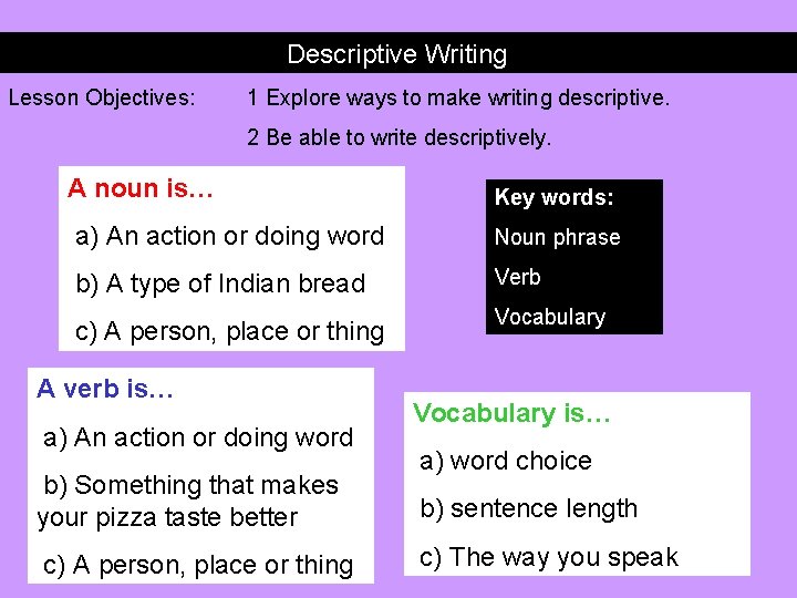 Descriptive Writing Lesson Objectives: 1 Explore ways to make writing descriptive. 2 Be able