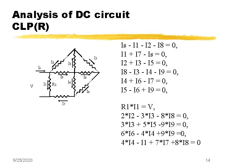 Analysis of DC circuit CLP(R) I 5 I 2 I 3 Is I 8