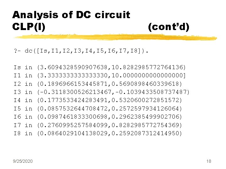 Analysis of DC circuit CLP(I) (cont’d) ? - dc([Is, I 1, I 2, I