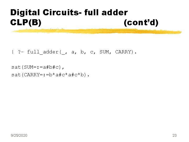 Digital Circuits- full adder CLP(B) (cont’d) | ? - full_adder(_, a, b, c, SUM,