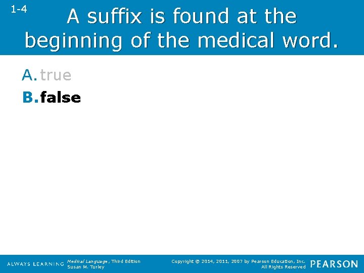 1 -4 A suffix is found at the beginning of the medical word. A.