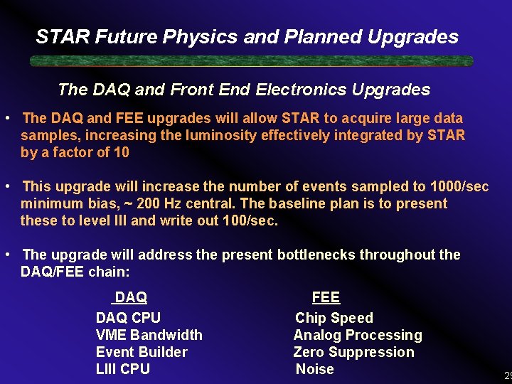 STAR Future Physics and Planned Upgrades The DAQ and Front End Electronics Upgrades •