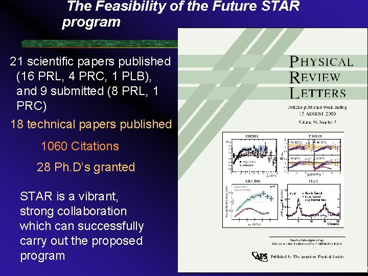 The Feasibility of the Future STAR program 21 scientific papers published (16 PRL, 4