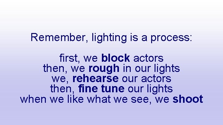 Remember, lighting is a process: first, we block actors then, we rough in our
