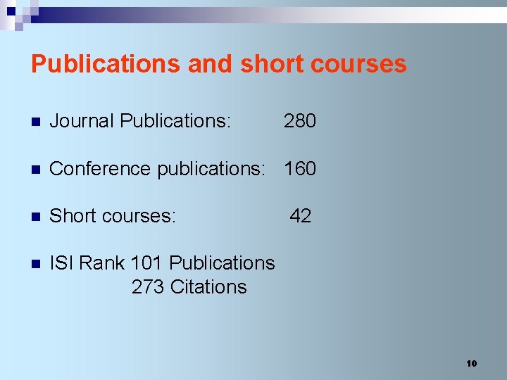 Publications and short courses n Journal Publications: 280 n Conference publications: 160 n Short