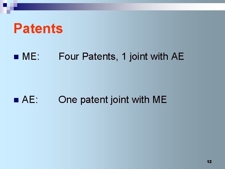 Patents n ME: Four Patents, 1 joint with AE n AE: One patent joint