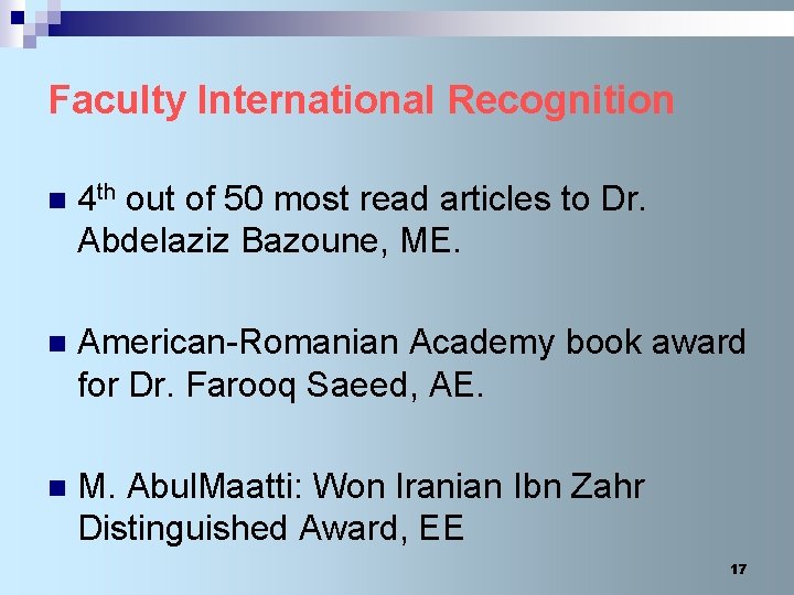 Faculty International Recognition n 4 th out of 50 most read articles to Dr.