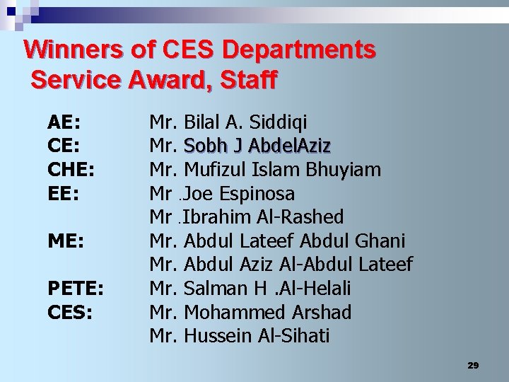 Winners of CES Departments Service Award, Staff AE: CHE: EE: ME: PETE: CES: Mr.