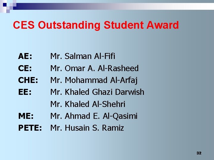 CES Outstanding Student Award AE: CHE: EE: Mr. Mr. Mr. ME: Mr. PETE: Mr.