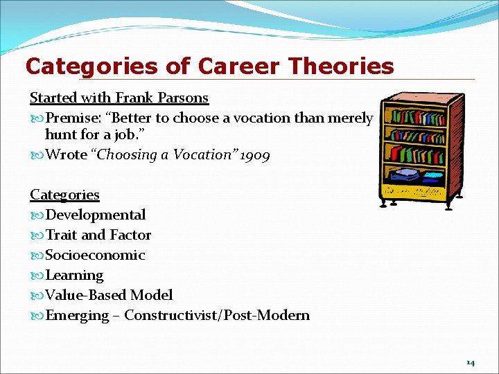 Categories of Career Theories Started with Frank Parsons Premise: “Better to choose a vocation