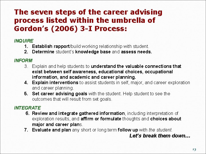 The seven steps of the career advising process listed within the umbrella of Gordon’s