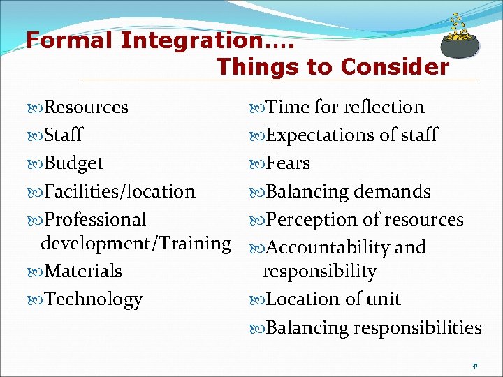 Formal Integration…. Things to Consider Resources Time for reflection Staff Expectations of staff Budget