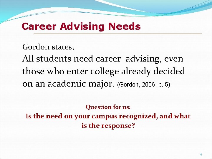 Career Advising Needs Gordon states, All students need career advising, even those who enter