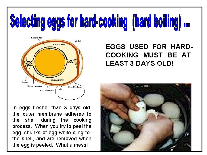 EGGS USED FOR HARDCOOKING MUST BE AT LEAST 3 DAYS OLD! In eggs fresher