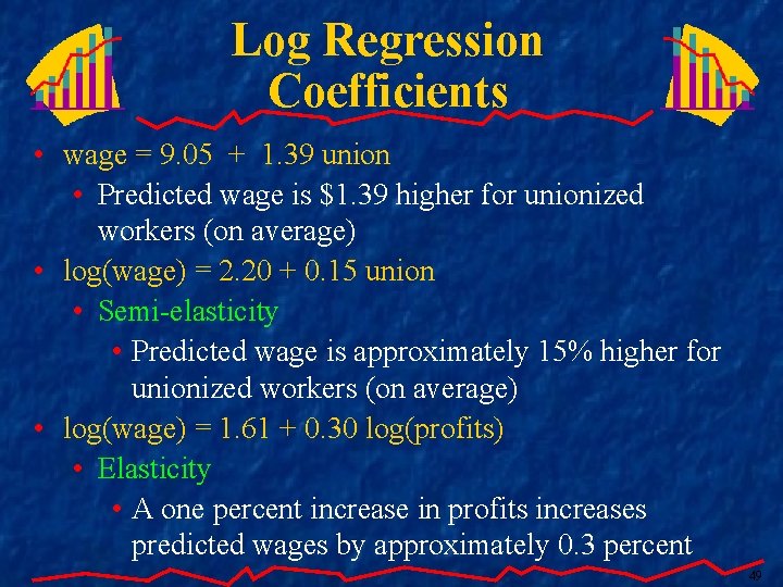 Log Regression Coefficients • wage = 9. 05 + 1. 39 union • Predicted