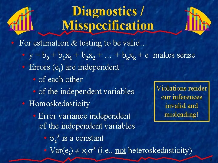 Diagnostics / Misspecification • For estimation & testing to be valid… • y =