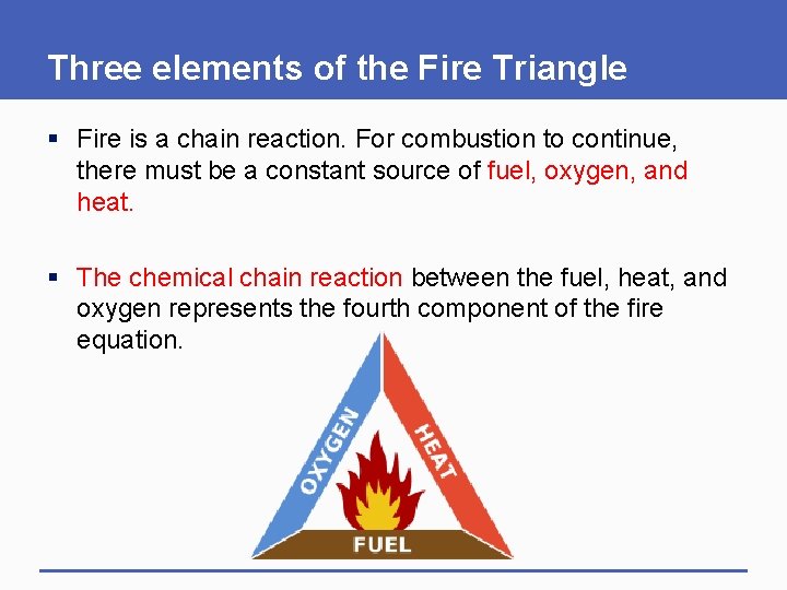 Three elements of the Fire Triangle § Fire is a chain reaction. For combustion