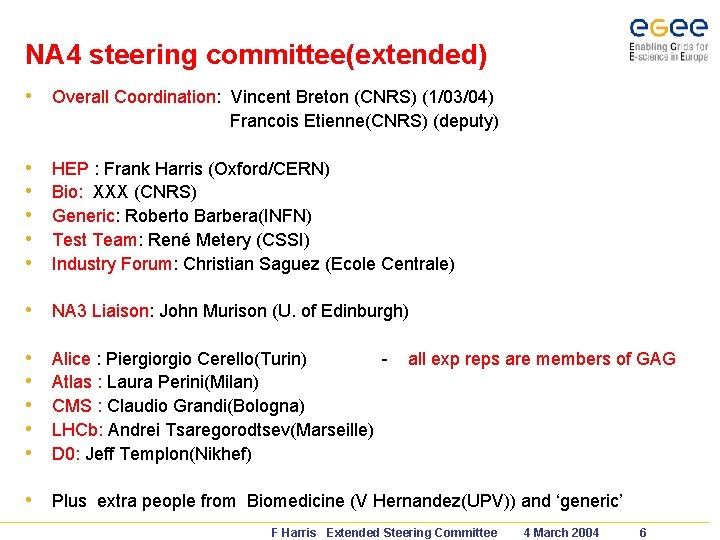 NA 4 steering committee(extended) • Overall Coordination: Vincent Breton (CNRS) (1/03/04) Francois Etienne(CNRS) (deputy)