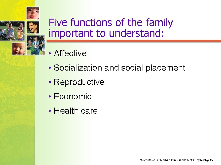 Five functions of the family important to understand: • Affective • Socialization and social