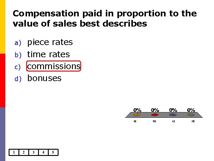 Compensation paid in proportion to the value of sales best describes piece rates time