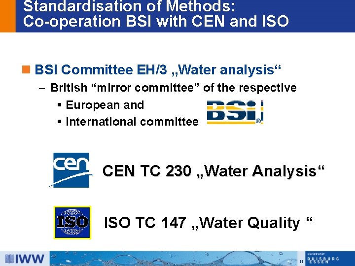 Standardisation of Methods: Co-operation BSI with CEN and ISO n BSI Committee EH/3 „Water