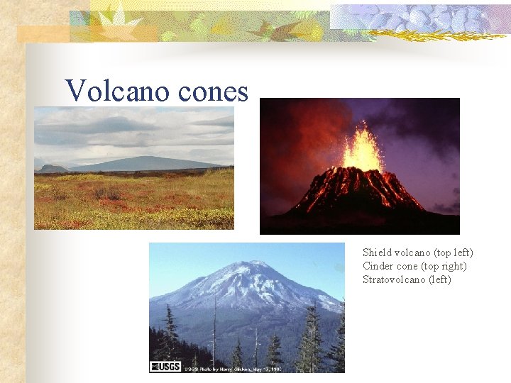 Volcano cones Shield volcano (top left) Cinder cone (top right) Stratovolcano (left) 