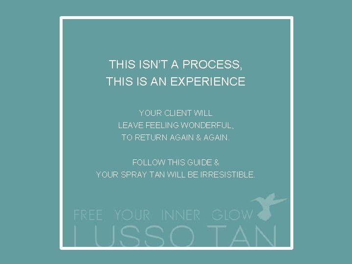 THIS ISN’T A PROCESS, THIS IS AN EXPERIENCE YOUR CLIENT WILL LEAVE FEELING WONDERFUL,