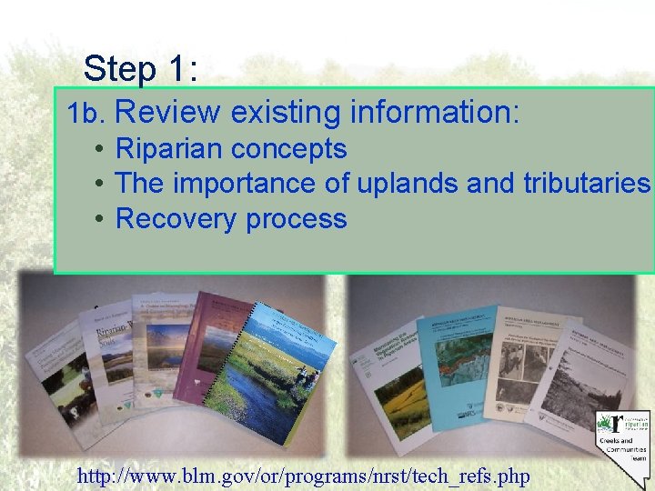 Step 1: 1 b. Review existing information: • Riparian concepts • The importance of