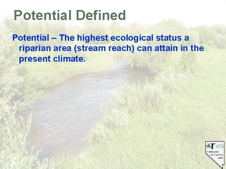 Potential Defined Potential – The highest ecological status a riparian area (stream reach) can