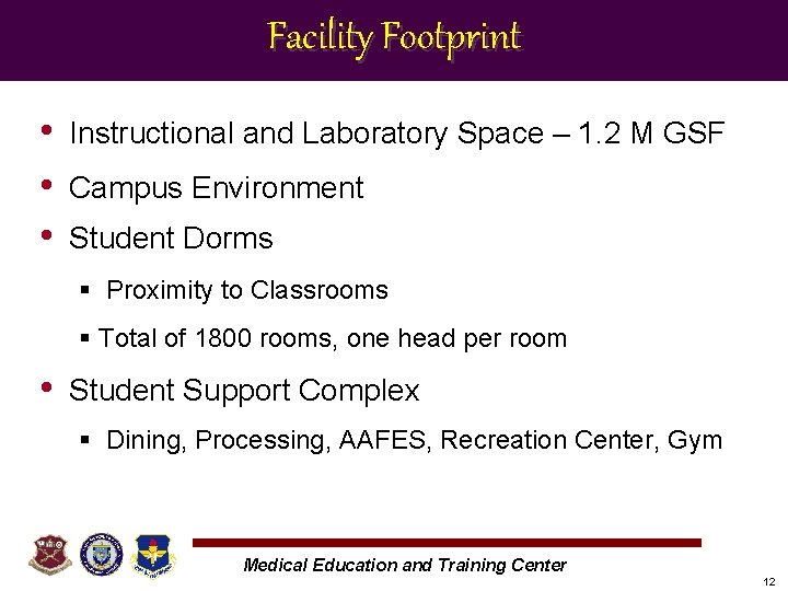 Facility Footprint • • • Instructional and Laboratory Space – 1. 2 M GSF