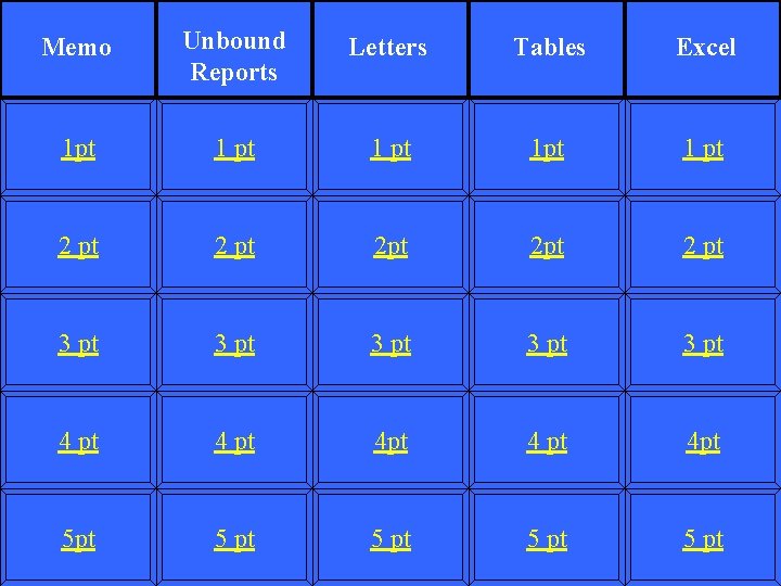 Memo Unbound Reports Letters Tables Excel 1 pt 1 pt 2 pt 2 pt