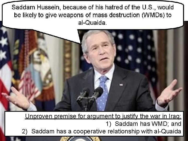 Unproven premise for argument to justify the war in Iraq: 1) Saddam has WMD;