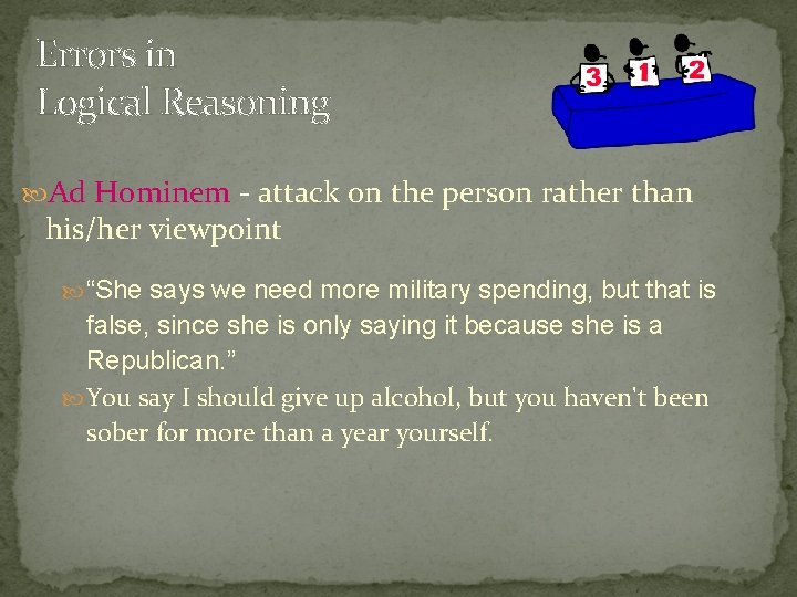 Errors in Logical Reasoning Ad Hominem - attack on the person rather than his/her