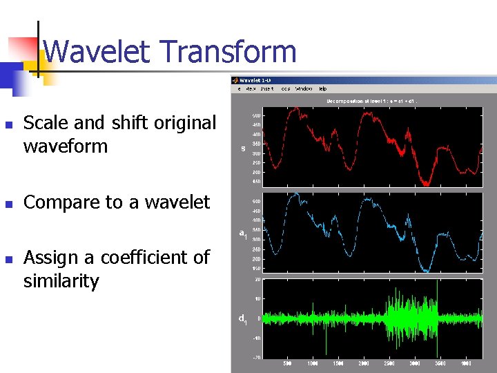 Wavelet Transform n n n Scale and shift original waveform Compare to a wavelet Wavelet Transform n n n Scale and shift original waveform Compare to a wavelet