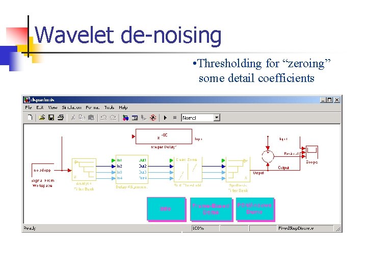 Wavelet de-noising • Thresholding for “zeroing” some detail coefficients Wavelet de-noising • Thresholding for “zeroing” some detail coefficients