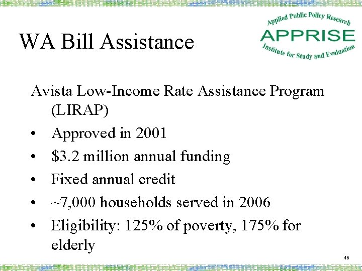 WA Bill Assistance Avista Low-Income Rate Assistance Program (LIRAP) • Approved in 2001 •