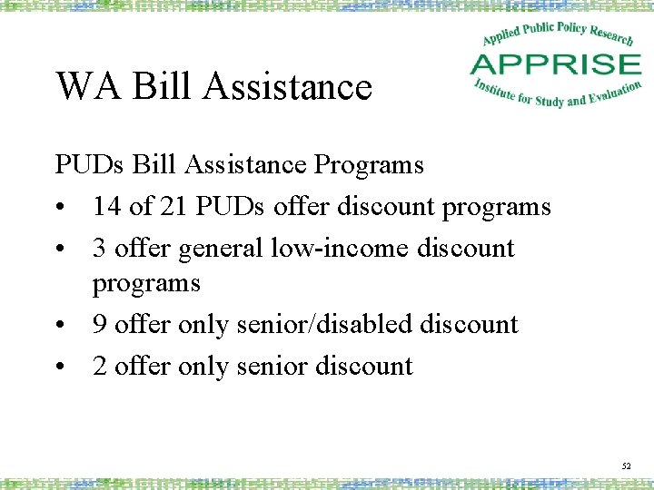 WA Bill Assistance PUDs Bill Assistance Programs • 14 of 21 PUDs offer discount