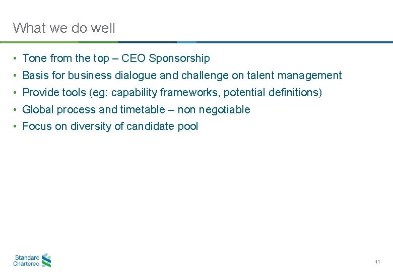 What we do well • Tone from the top – CEO Sponsorship • Basis