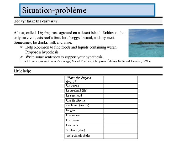Situation-problème What’s the English for…. . ? Un bateau Le naufragé (île) Le survivant