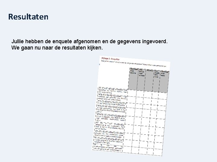 Resultaten Jullie hebben de enquete afgenomen en de gegevens ingevoerd. We gaan nu naar
