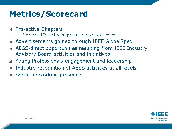 Metrics/Scorecard Pro-active Chapters – Increased Industry engagement and involvement Advertisements gained through IEEE Global.