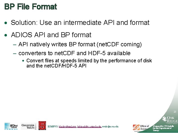 BP File Format · Solution: Use an intermediate API and format · ADIOS API