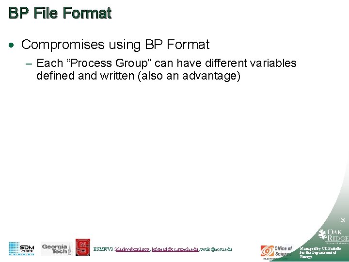 BP File Format · Compromises using BP Format – Each “Process Group” can have