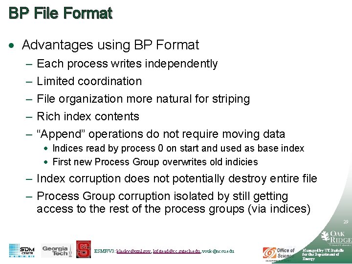 BP File Format · Advantages using BP Format – – – Each process writes