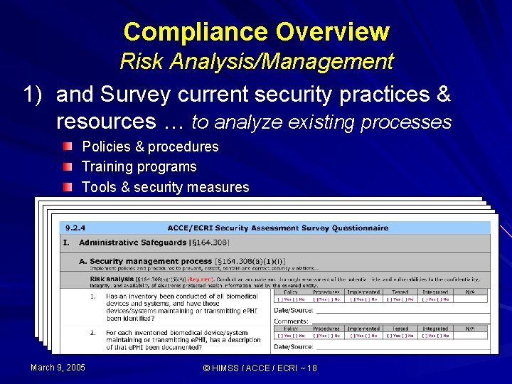 Compliance Overview Risk Analysis/Management 1) and Survey current security practices & resources … to