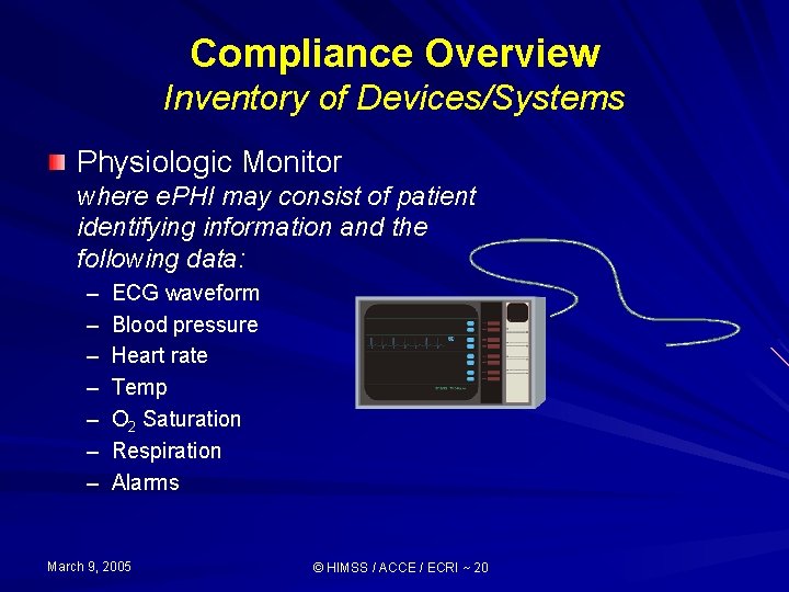 Compliance Overview Inventory of Devices/Systems Physiologic Monitor where e. PHI may consist of patient