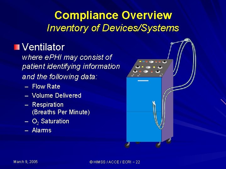 Compliance Overview Inventory of Devices/Systems Ventilator where e. PHI may consist of patient identifying