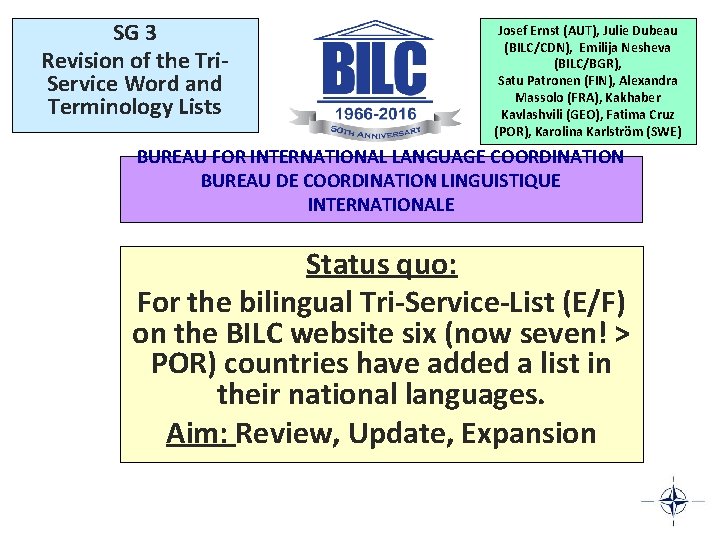 SG 3 Revision of the Tri. Service Word and Terminology Lists Josef Ernst (AUT),
