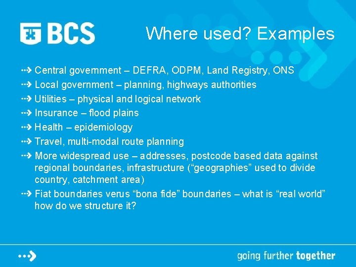 Where used? Examples Central government – DEFRA, ODPM, Land Registry, ONS Local government – Where used? Examples Central government – DEFRA, ODPM, Land Registry, ONS Local government –