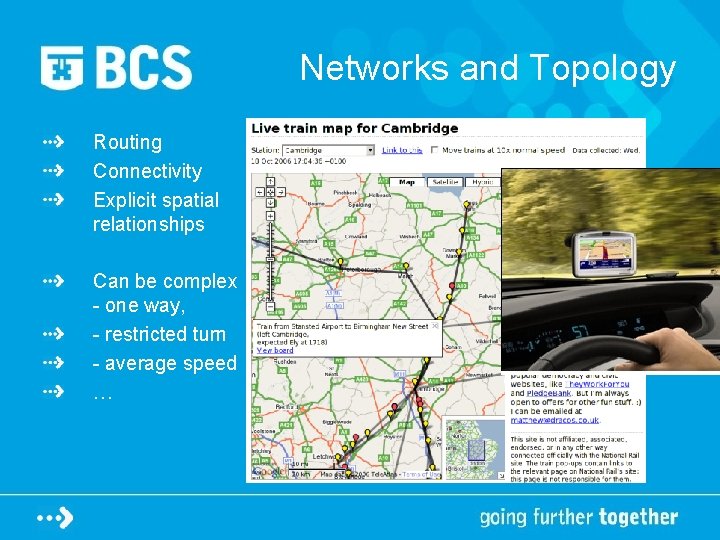 Networks and Topology Routing Connectivity Explicit spatial relationships Can be complex - one way,